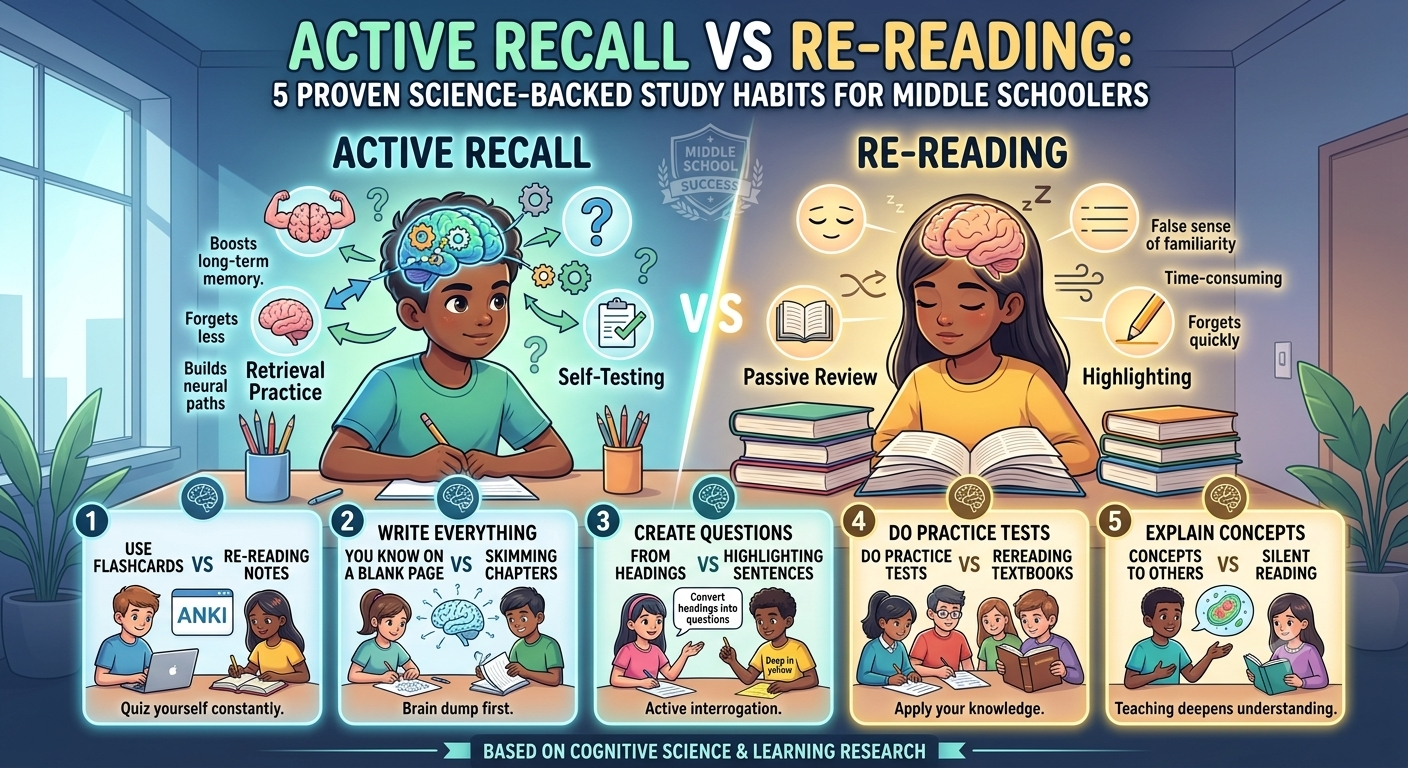 Active Recall vs Re-reading: 5 Proven Science-Backed Study Habits for Middle Schoolers​